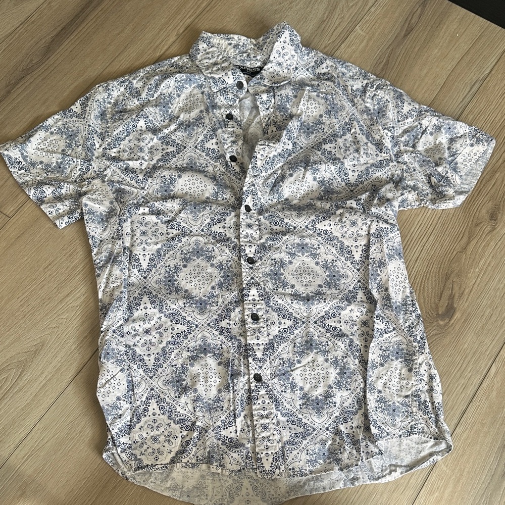 Express White and Blue Geometric Shirt